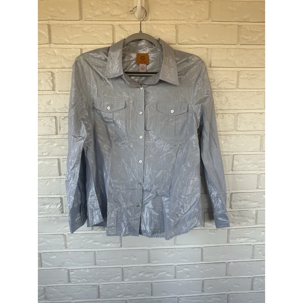 Ruby Rd. Metallic Shimmer Button-Up Shirt ✨ Silver Blue Glow | Size 12